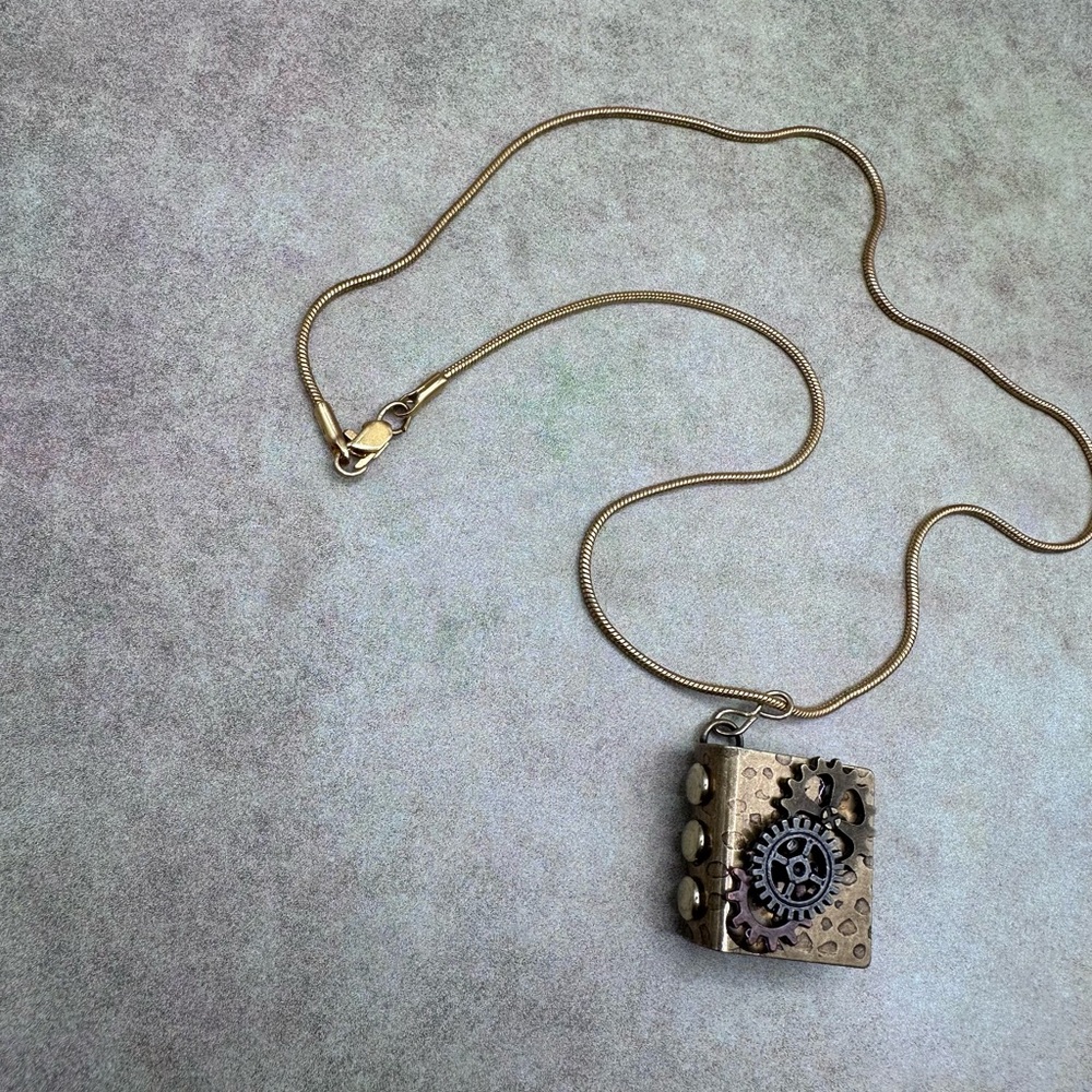 Steampunk Gear Locket Necklace in Antique Gold